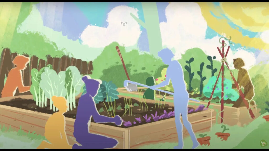 screenshot of farm to school animation showing teacher and students outside in the garden